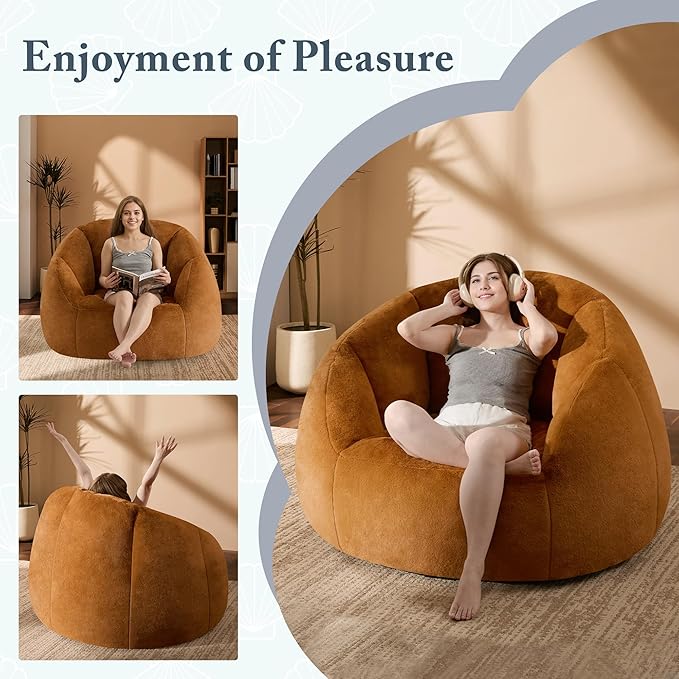 Giant Bean Bag Swivel Chair for Adults with Ottoman - Comfy Plush Round Shell Soft Accent Chaise Lounge Indoor Chair, Oversized Cozy Floor Sofa for Living Room Game Rooms, Orange