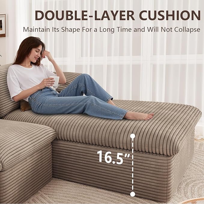 107" Cloud Modular Sectional Sofa with 1 Ottoman, Deep Seat Boneless Couch, Modern Upholstered Corduroy Couches, Comfort U Shaped Sofa for Living Room, No Assembly Required(Camel,Right Facing Chaise)