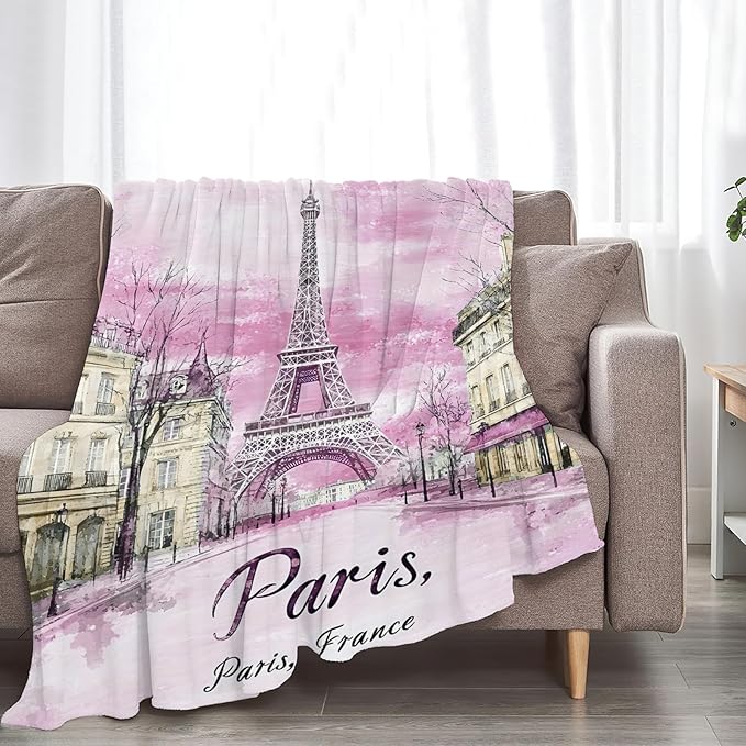 Tijuboni Paris Eiffel Tower Throw Blanket Pink Paris Gifts for Girls Women Boys Men Adults Kids Soft Flannel Fleece Blanket for Couch Sofa Bed Home Decor 50"x60"