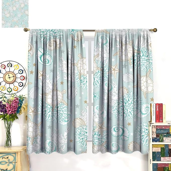 Nautical Curtains,Seagorses Coral Starfish Reef Seashell Beach Sea Seashell Pattern Blackout Print Home Bedroom Living Room Window Treatmen 2 Panel Set 84x84 Inch