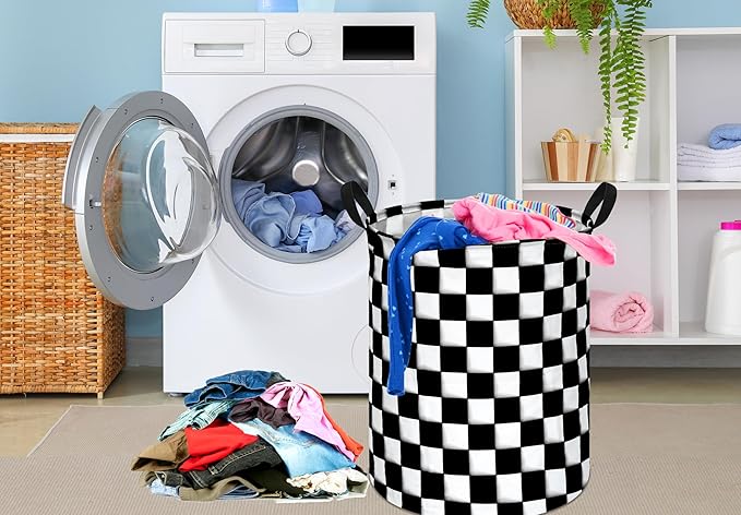 KUNRO Round Black-white Checker Laundry Basket Hamper Kids Toys and Clothes Storage Basket Children Gift Basket Baby Toy Organizer Bins for Room Decor