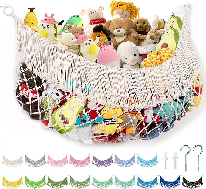 Stuffed Animal Hammock - Extra Large 63'' Long, Stuffed Animal Storage, stuffed animal Holder net, Toy Hammock Large, Toy Storage Hanging Organizer - Cream White