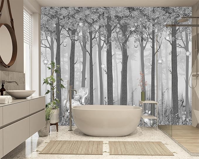 XMPMBM-Grey Cartoon Tree Nursery Room Fabric Wallpaper Misty Forest Wall Mural-W 132" X H 92"（93 Square Foot）