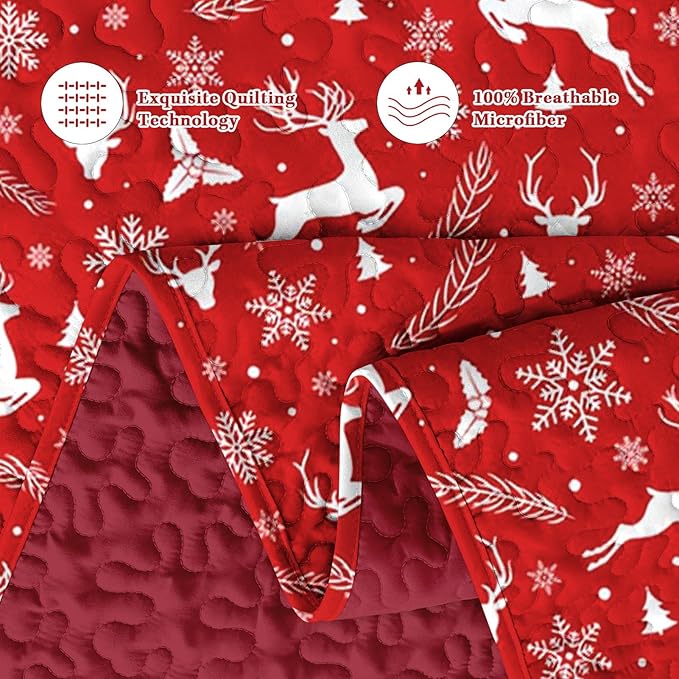 Christmas King Size Quilt Set, White Funny Reindeer Lightweight Bedspread Coverlet with Pillow Shams for Kids and Adults, Winter Snowflake Plants 3 Pcs Bedding Bed Cover