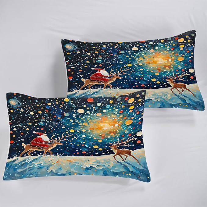 Christmas Comforter Set Queen: Blue Galaxy Bedding for Women Girls Teens Bedroom Festival Gift Santa Claus Xmas Deer Quilt Set 1 Comforter & 2 Pillowcases