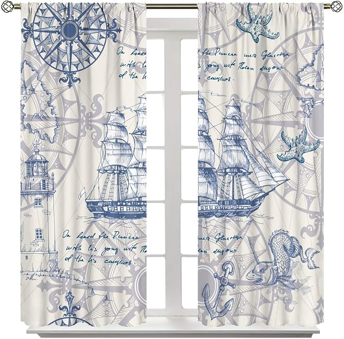 Nautical Sailboat Map Curtain,Ship Compass Lighthouse Anchor Decorative Curtain Polyester Fabric Waterproof Bedroom Curtain Set 2 Panels,42x45 Inches
