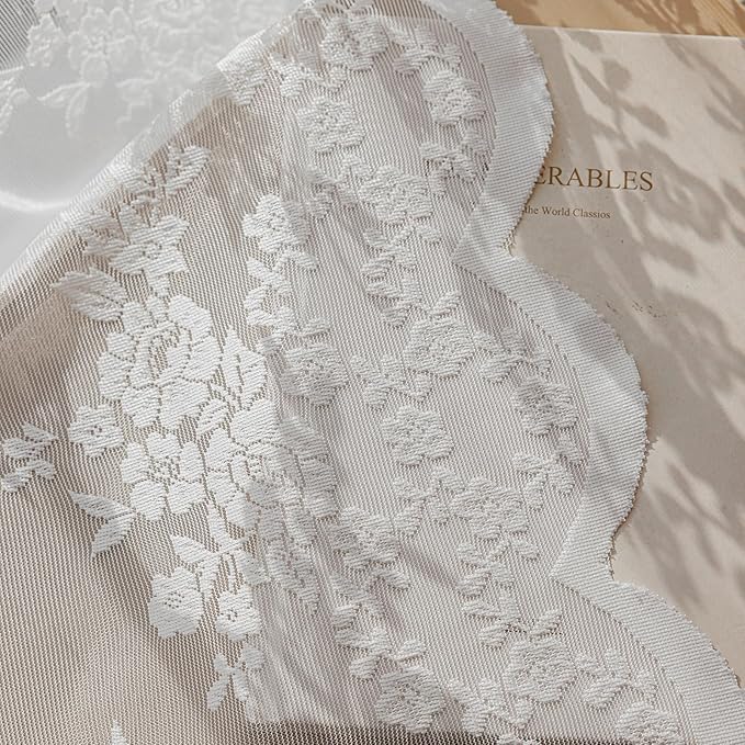 Anmao Vintage Lace Kitchen Curtains 24 Inches Long 2 Panels, Romantic Semi Sheer Floral Over Sink Lacy Cafe Curtain, Elegant Window Short Small Drapes, 55W x 24L, White Rose