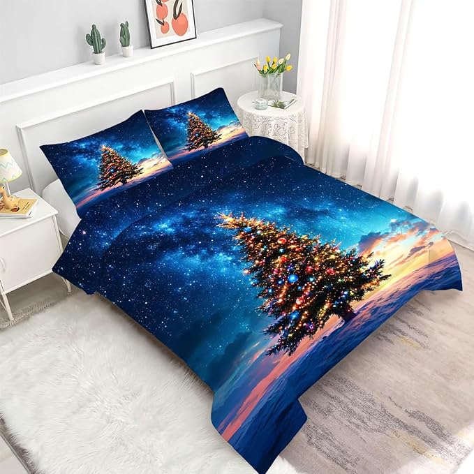 Christmas Tree Comforter Set Twin Size Galaxy Bedding for Kids Girls Teen Women Blue Xmas Holiday Space Bedroom Quilt Bed Sets, 1 Comforter 1 Pillowcase