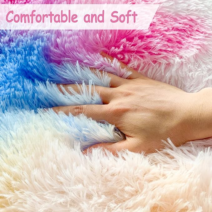Hot Pink Rainbow Rug for Girls Bedroom Runner 2x6, Fluffy Soft Bedroom Runner Rug for Bedside, High Pile Plush Shag Carpet for Kids Room Living Room Hallway Nursery Unicorn Home Decor Tie Dyed