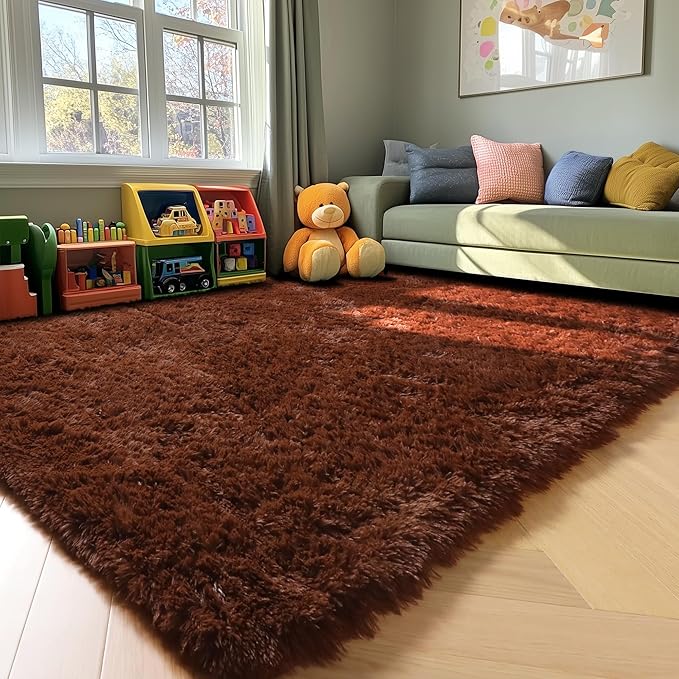ONASAR Brown 6x9 Area Rugs for Living Room Bedroom, Washable Large Fluffy Bedside Throw Rug, Soft Plush Shaggy Fuzzy Floor Carpet for Nursery Kids Girls Boys Teen Dorm Home Office Decor Aesthetic