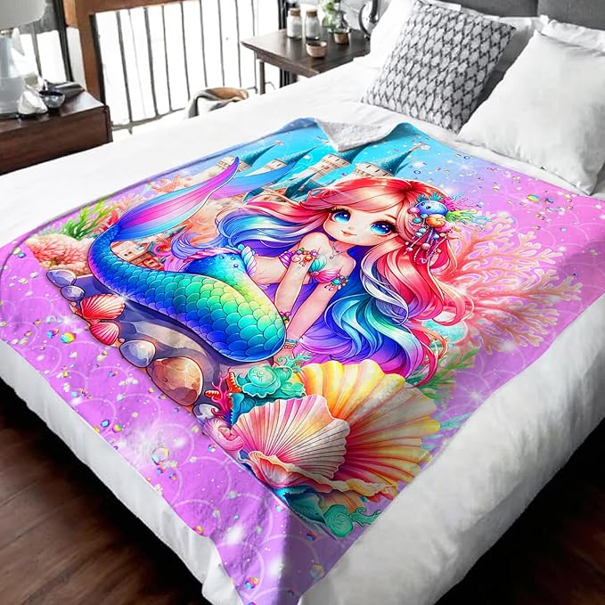 Girls Mermaid Blanket, Throw for Toddlers Kids Mermaid Lovers 30x40 Inches Lightweight Soft Cute Throw Blankets for Sofa Couch Bed Trip