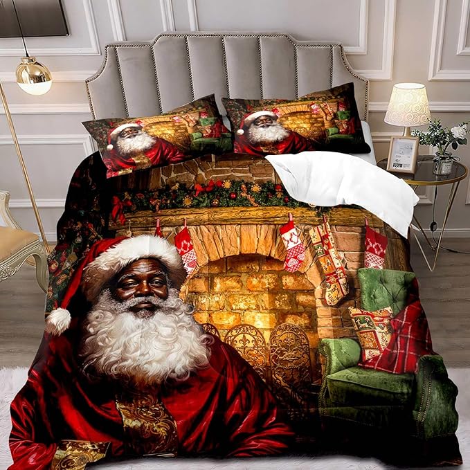 LUVIVIHOME 3-Piece Christmas Comforter Set - Full Size, Funny Black Santa Claus Bedding, Merry Christmas Bedroom Decor for Kids, Teens & African American Families, 1 Pillow Case