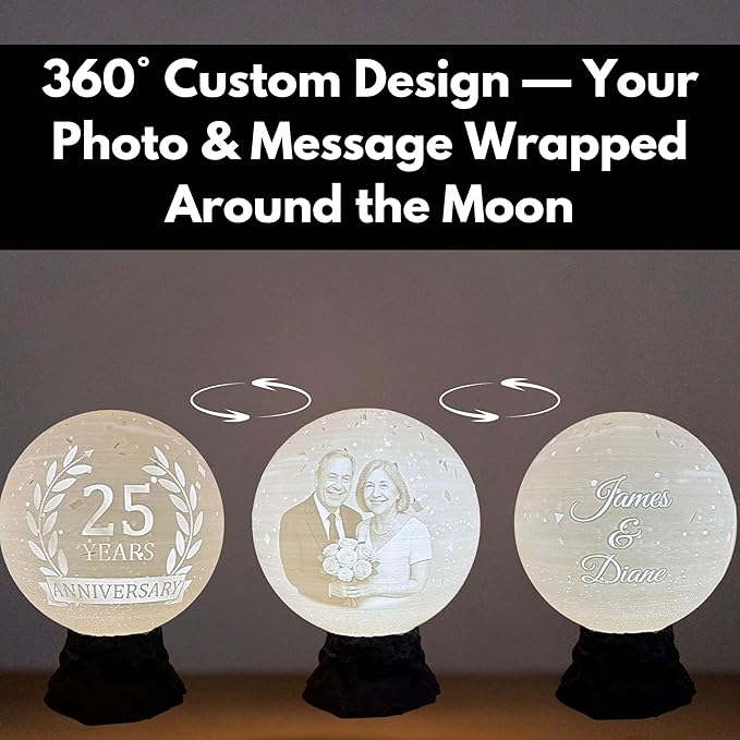 Personalized Anniversary Moon Lamp with Photo & Text - Couple Night Light - Custom Love Lamp for 1st, 20th, 25th, 50th Wedding Anniversary | Romantic Personalized Gift for Husband or Wife