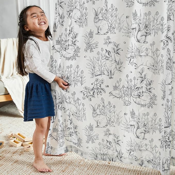 jinchan Linen Nursery Curtains 84 inch Long Woodland Wildlife Black Print Drapes for Kid's Room Light Filtering French Country Farmhouse Curtains with Bunny and Forest Design Set of 2 Panels