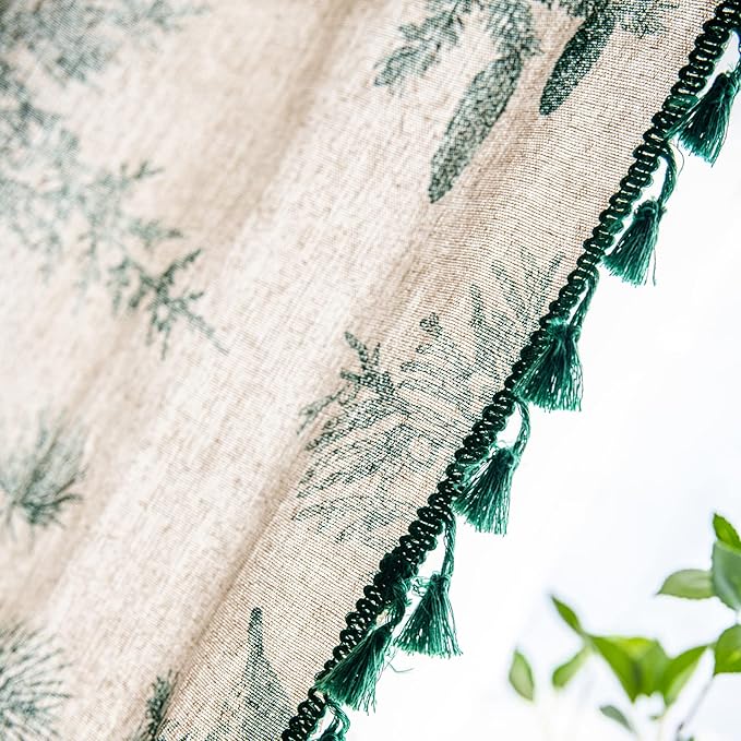 Bohemian Curtains with Tassel Green Semi-Blackout Drapes 63 Inch Length Cotton Linen Farmhouse Window Curtain Panels Floral Pattern Rod Pocket Room Darkening Curtain for Living Room Bedroom, 2 Panel