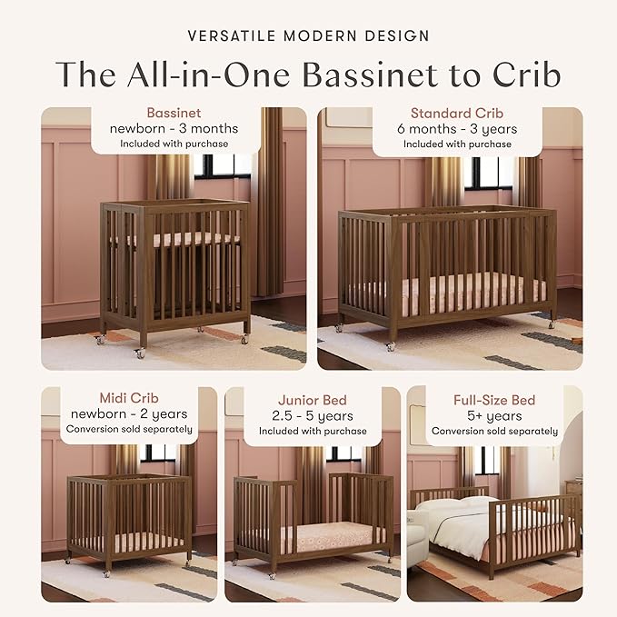 babyletto Rolli Convertible All-Stages® Bassinet and Full-Size Crib in Natural Walnut, Greenguard Gold Certified, FSC Certified, Portable & Adjustable with Conversion Kits and Pads Included