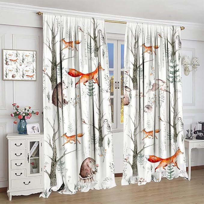 Rustic Forest Window Curtains, Watercolor Woodland Animals Owl Hedgehog Fox Butterfly Forest Squirrel and Bear Blackout Windows Door Curtain for Bedroom Living Room Home Decor 55x63in