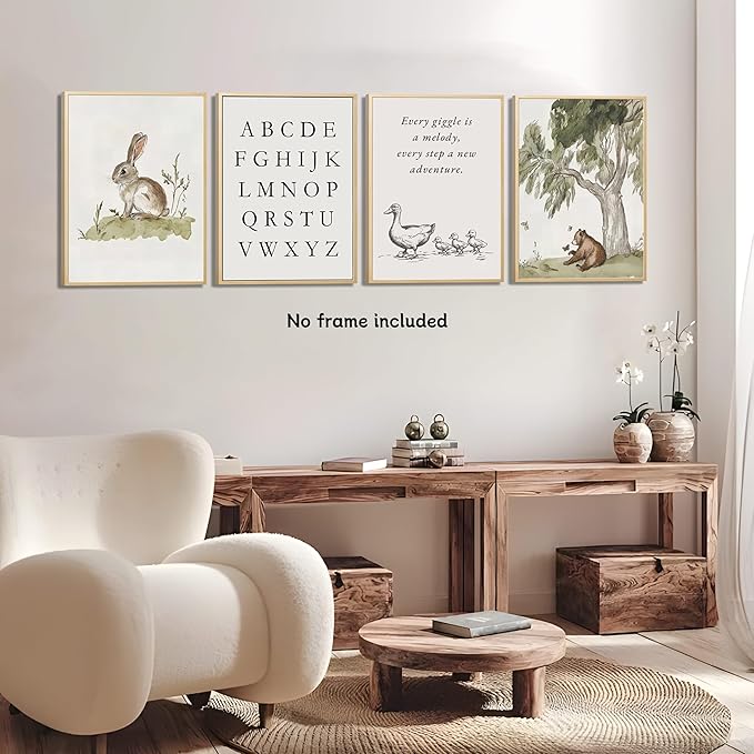 Nursery Gallery Wall Art Animal Canvas Prints Vintage Rustic Poster Set for Kids’ Room Decor Alphabet Inspirational Quotes Wall Art Neutral Baby Room Painting Unframed16x24 Inches
