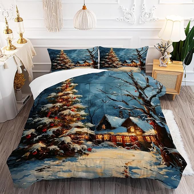 Christmas Comforter Set Queen: Winter Christmas Tree Bedding Sets Festival Gift Quilt for Girls Women Teens Bedroom 1 Comforter & 2 Pillowcases