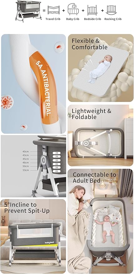 Baby Bassinet Bedside Bassinet for Baby 4 in 1 Portable Bassinet Bedside Sleeper with Wheels Mosquito Net & Storage Basket, 6 Height Adjustable Rocking Bassinet for Newborn Baby Crib