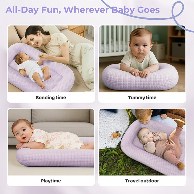 Baby Lounger for Newborn - Infant Lounger 0-24 Months with Lounger Cover, Cooling Baby Nest Lounger, Breathable Waffle Fabric & 3D Support, Portable Newborn Essentials, Pink