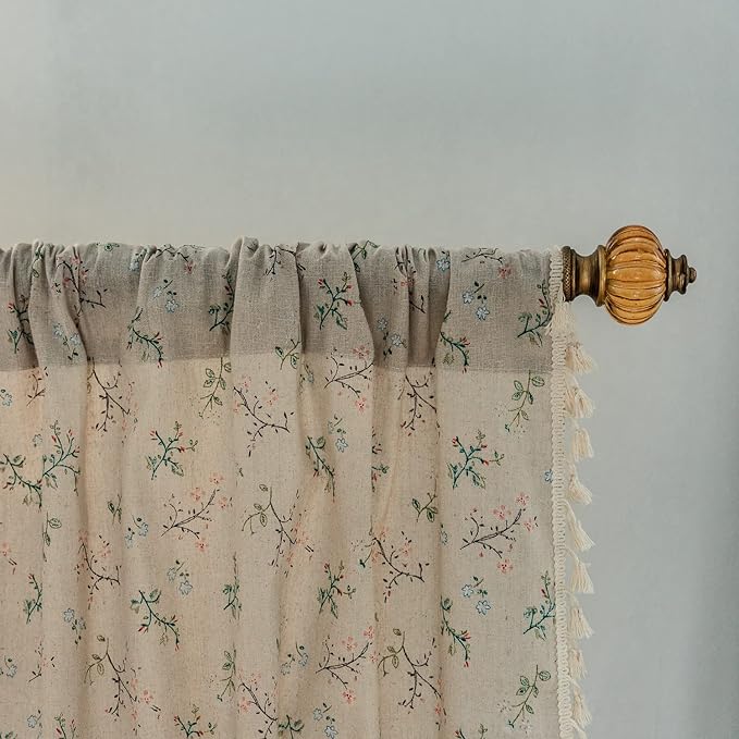 ENJOYBRIDAL Floral Bedroom Curtains 84 Inch Length 4 Panels Set Farmhouse Semi Sheer Living Room Drapes Cotton Linen Blend Bohemian Window Curtain Panels with Tassel Beige Rod Pocket Drapes