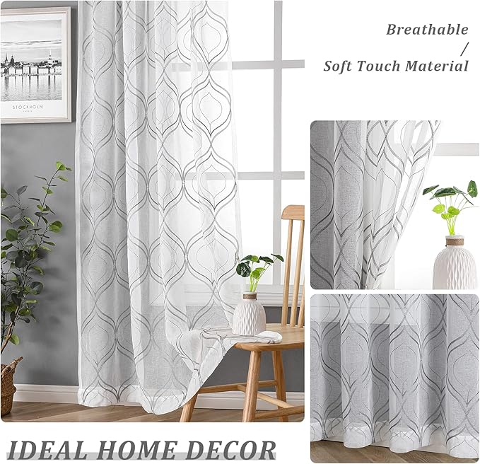 VISIONTEX White Sheer Curtains 63 Inch Length 2 Panels Set Grey Moroccan Embroidered Curtains Trellis French Textured Rod Pocket Voile Tulle Semi Window Drapes for Bedroom Living Room 54 x 63 Inches