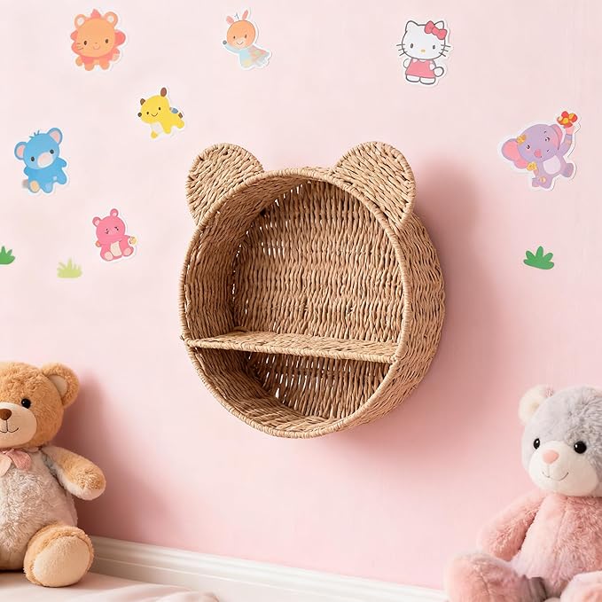 Bear-Shaped Rattan Wall Shelf – Handmade Woven Nursery Bookshelf for Kids Room, Boho Wall-Mounted Storage Organizer for Toys, Books & Décor