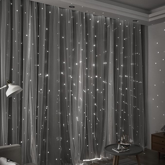 Kinryb Sheer Overlay Curtains for Girls Bedroom, 84 Inches Double Layer Panles with Star Cutout for Kids Room (52 W x 84 L Inches,2 Pcs Silver Grey)