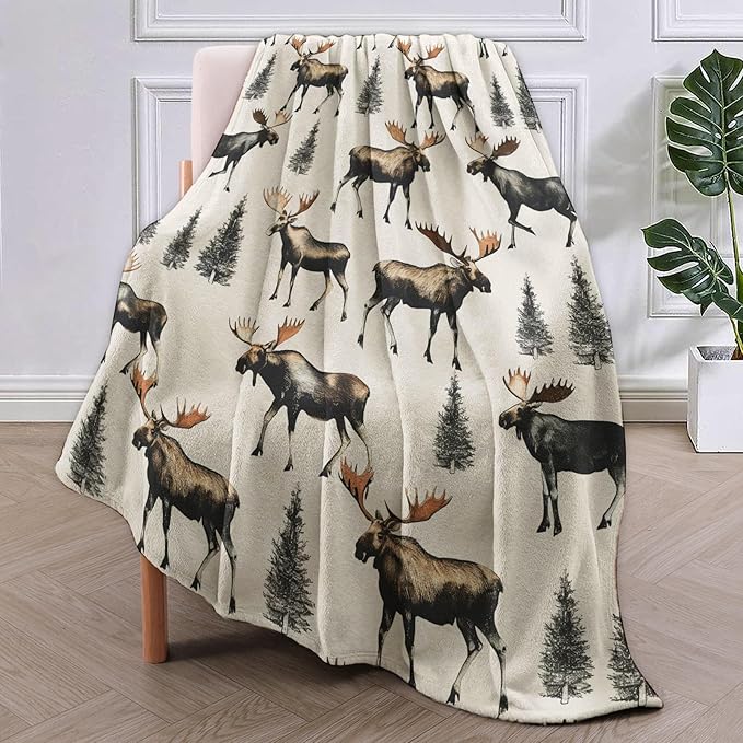 Moose Blanket Gifts for Women Girls Soft Warm Lightweight Cozy Vintage Animal Forest Mooses Throw Blankets for Bed Sofa Couch Living Room Decor 80x60in