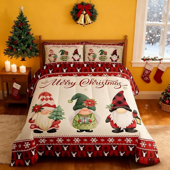 Merry Christmas Kids Comforter Set Full Size,Deer Antler Santa Claus Bedding,Girls Boys Adults Bedroom/Xmas Cabin Decor,Snowflake Pine Trees Plaid Down Comforter,Rustic Duvet Insert,2 Pillowcases