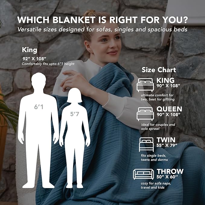 Goqan Muslin Blanket King Size 90x108 – 100% Cotton 4 Layer Boho Muslin Blanket for Adults, Lightweight, Soft, Breathable for Bed, Couch - Teal
