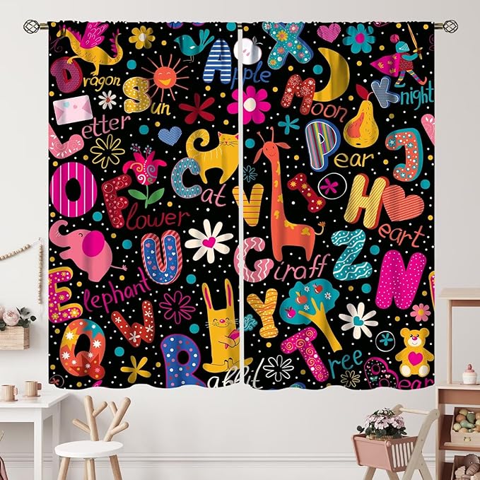 Cartoon Alphabet Curtains Funny Education Animal Giraffe Curtain with Rod Pocket for Bedroom Living Room Home Decor Drapes Thermal Insulated Window Treatments 2 Panels Set 63" W X 63" L
