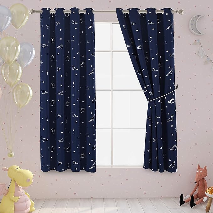 LORDTEX Dinosaur and Star Foil Print Blackout Curtains for Kids Room - Thermal Insulated Curtains Noise Reducing Window Drapes for Boys and Girls Bedroom, 52 x 63 Inch, Navy, Set of 2 Panels