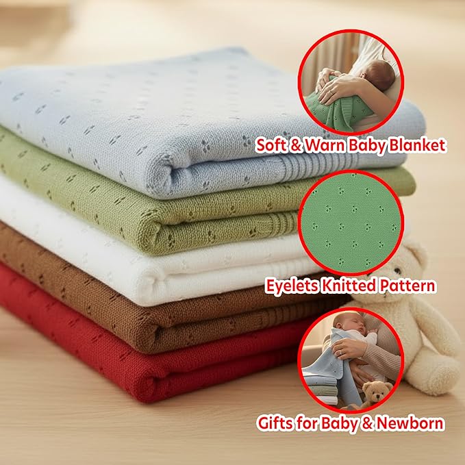 Baby Knit Blanket, 100% Cotton Eyelet Patterns, Soft, Cozy, Lightweight Swaddle for Newborn & Infant Swaddling Beige Neutral, Perfect Baby Shower Ideas Sage Green 30x40