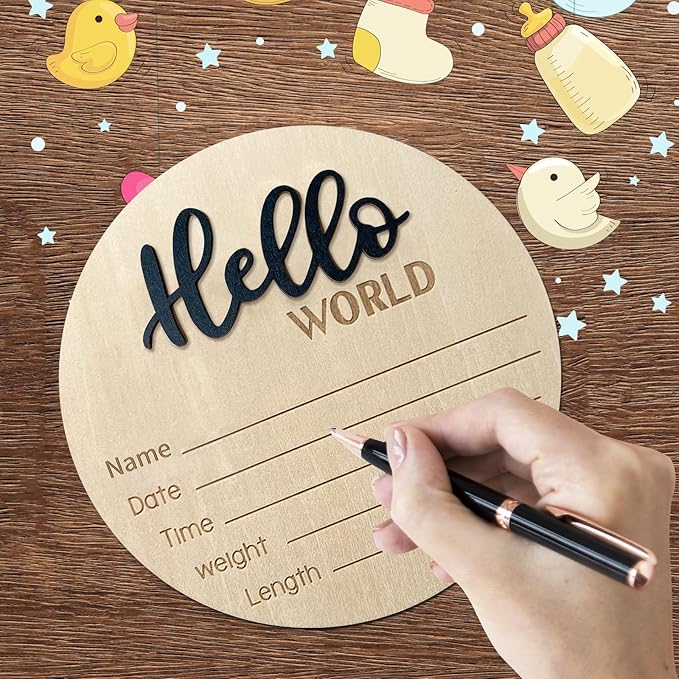 Baby Announcement Sign, 5.9 Inch Wooden Hello World Newborn Signs, Birth Announcement Sign, Baby Shower Hospital Nursery for Newborn Boys and Girls (Black)