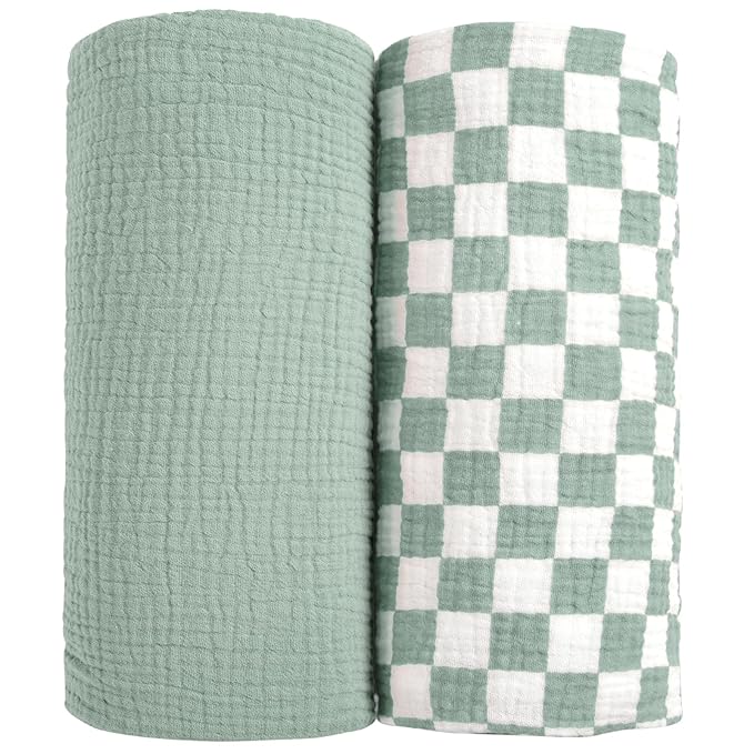 lulumoon Muslin Swaddle Blankets for Baby: Soft Cotton Newborn Receiving Blankets - Plaid Print Nursery Gift Set for Baby Girls(SagePlaid)