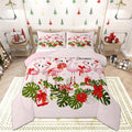 Merry Christmas Full Size Comforter Set,Pink Flamingo Cartoon Bird Animal Bedding Comforters Bedroom Collection,Winter Snowflake Green Leaves Bedding Set for Girls Teens