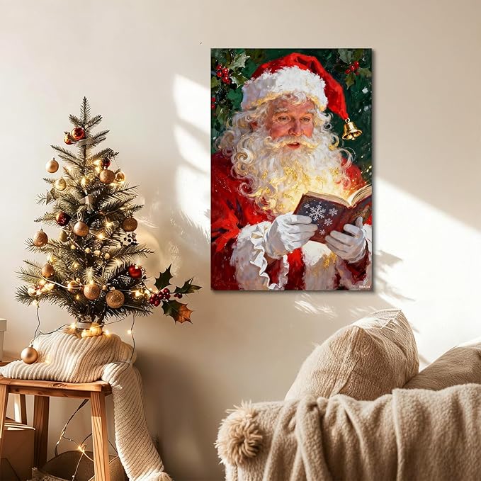 YONICA Christmas Canvas Wall Art Reading Santa 24x32 Inch Oil Painting with Glowing Book and Holly - Large Framed Gallery Wrapped Library Decor