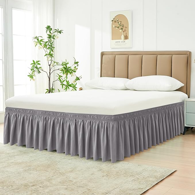 Biscaynebay Wrap Around Bed Skirts for King & Cal King Beds Short Drop of 12", Silver Grey Adjustable Elastic Dust Ruffles Easy Fit Wrinkle Resistant Silky Luxurious Fabric Machine Washable