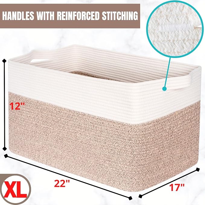 MINTWOOD Design 22in Extra Large Blanket Basket Holder Living Room, Rectangle Rope Woven Storage Basket with Handles for Laundry, Pool Towels, and Shoes, Dog Toy Organizer Bin Box, Light Brown