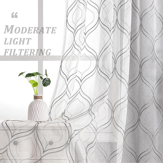 VISIONTEX White Sheer Curtains 120 Inches Long 2 Panels Set Grey Moroccan Embroidered Curtains Trellis French Textured Rod Pocket Voile Tulle Semi Window Drapes for Bedroom Living Room 54 x 120 Inch