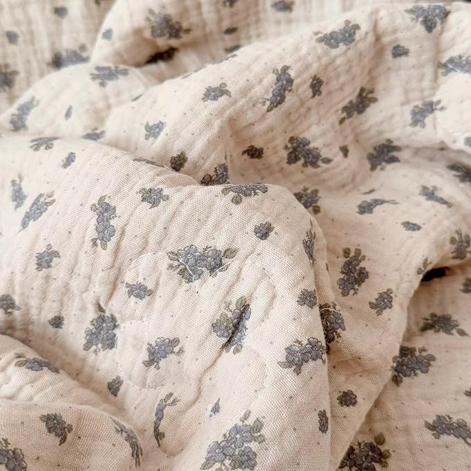 BuLuTu Vintage Orchid Flower Print Toddler Blanket Quilt with Chic Lace Edges, Soft Breathable Cotton Muslin Crib Blanket Toddler Bed Blankets Lightweight Kids Comforter, 47x59 Inches
