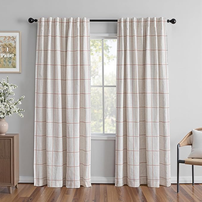 MYSKY HOME 100% Blackout Plaid Farmhouse Linen Curtains 84 Inch Long for Living Room Double Layer Checkered Drapes Thermal Insulated Privacy Protection Rod Pocket Back Tab, 1 Panel, 52" W, Tan