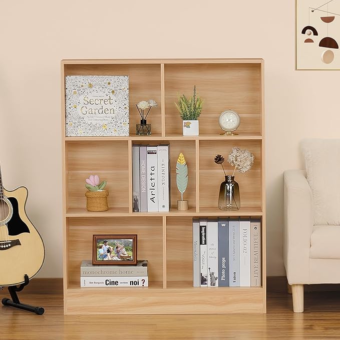 LEYAOYAO 7 Cube Bookshelf with Wood Base,Natural 3 Tier Mid-Century Modern Bookcase,Standing Wide Bookshelves Storage Organizer Shelf,Rustic Display Cabinet Book Shelves for Bedroom,Living Room