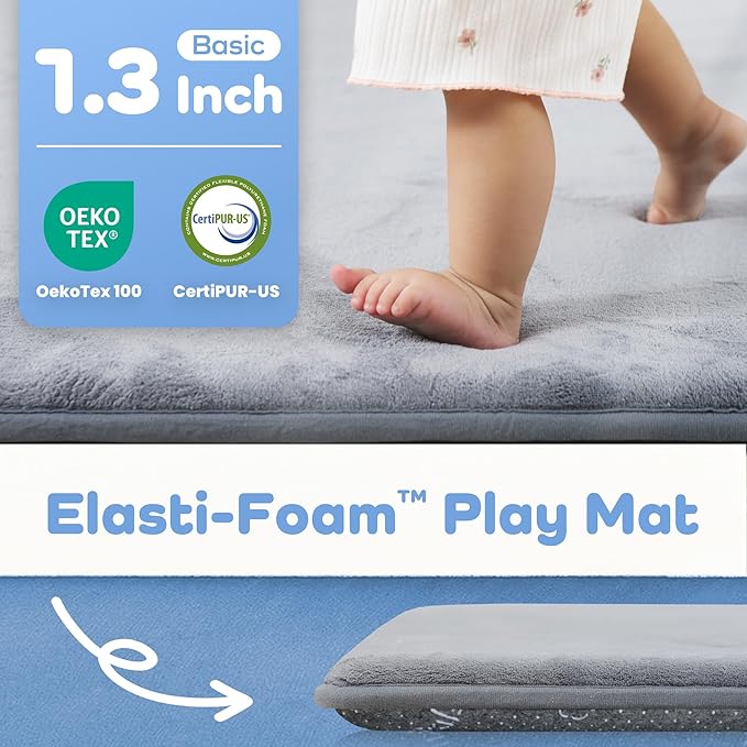 1.3" Thick Baby Floor Play Mat 39x59, Basic Padded Foam Mat for Tummy Time Crawling, Non Slip Cushioned for Babies Toddlers Infants Kids (Light Grey)