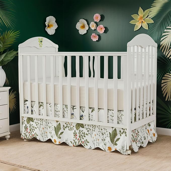 Brandream Scallop Edge Cotton Crib Skirt Toddler Bedskirt Baby Nursery Crib Bed Skirt Boho Bohemian Neutral Vintage Sage Green Botanical Floral Farmhouse Chic Boho Bohemian Skirt