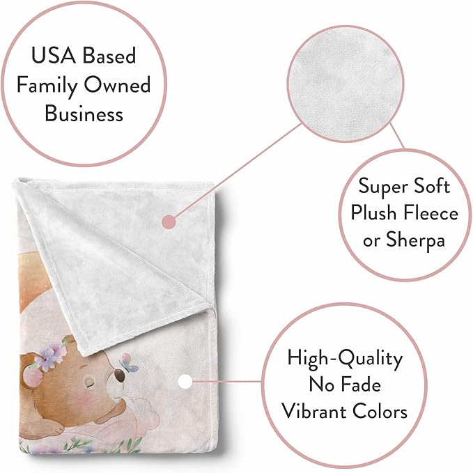 Personalized Baby Blankets with Name | Custom Bear Newborn Blanket for Baby Girl and Baby Boy | Unisex Warm Soft Fleece Swaddle Blanket Minky | (Bear, Fleece 50"x60")