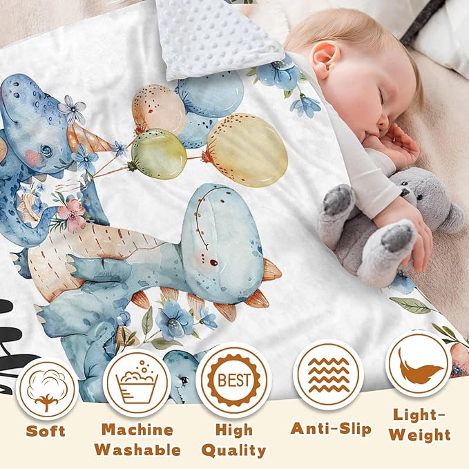 Personalized Baby Name Blanket for Boy Girl, Soft Flannel Blanket with Double Layer Dotted Backing for Infant Newborn, Nursery Crib with Dinosaur Design, Customized Gifts for New Mom(47" x60)