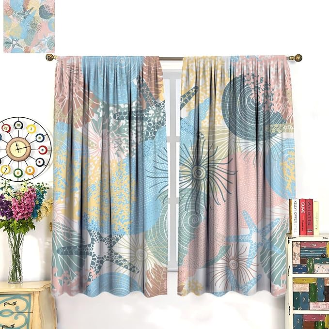 Nautical Blackout Curtain Beach Theme Starfish Seashell Nautical Rustic Ocean Sea Vintage Retro Coastal Summer Bedroom Set 2 Panels,42x45 Inches